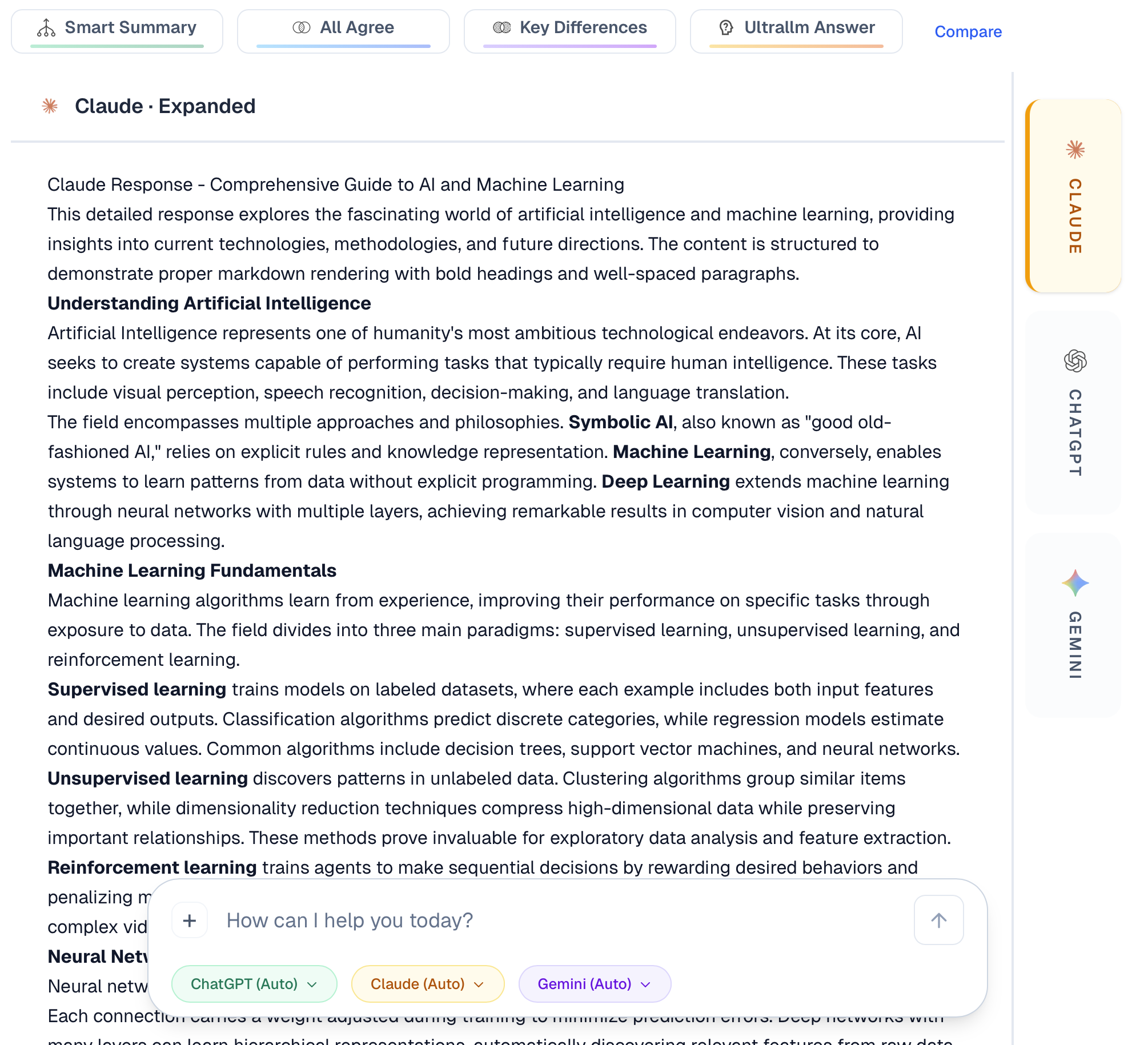 UltraLLM expanded view showing detailed AI response analysis
